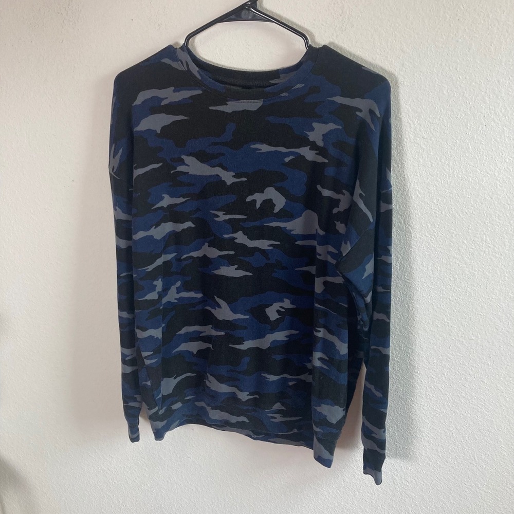 Athleta Sweatshirt Womens Small Blue Camo Pullover Crew Neck Tencel Blend Soft